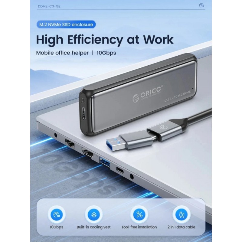 Orico външна кутия за диск Storage - Case - M.2 NVMe/SATA M/B key - USB3.1 Type-C Gen.2 10Gbps - DDNV-C3-G2-BK-BP