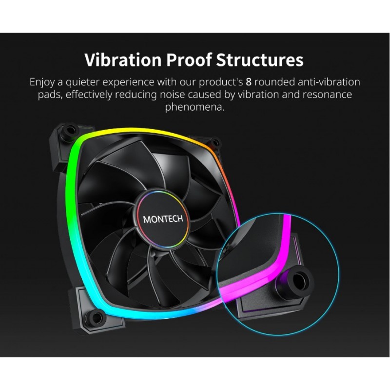 Montech вентилатор RX140 PWM, REVERSE Fan, 140mm, ARGB, Black, MONTECH-RX140-PWM-BK