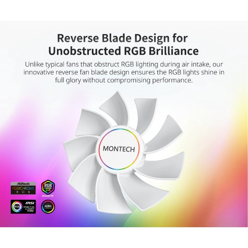 Montech вентилатор RX140 PWM, REVERSE Fan, 140mm, ARGB, White, MONTECH-RX140-PWM-WH