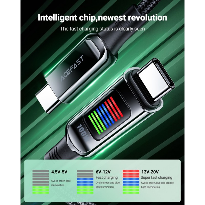 Acefast Кабел USB-C to USB-C Cable 100W 1.2m with LED display - C7-03 - Black, ACEFAST-C7-03-BK
