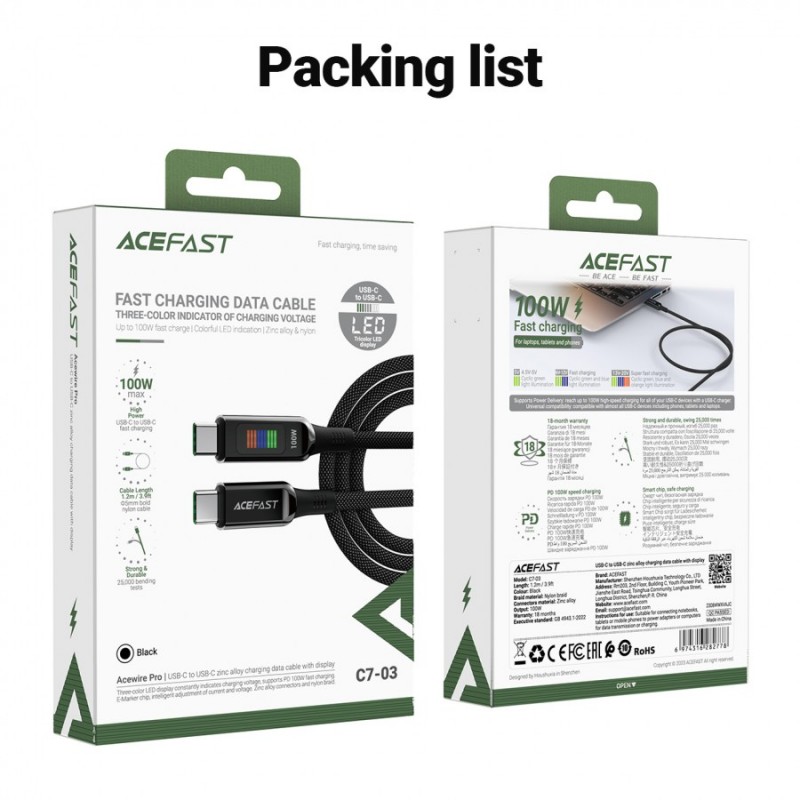 Acefast Кабел USB-C to USB-C Cable 100W 1.2m with LED display - C7-03 - Black, ACEFAST-C7-03-BK