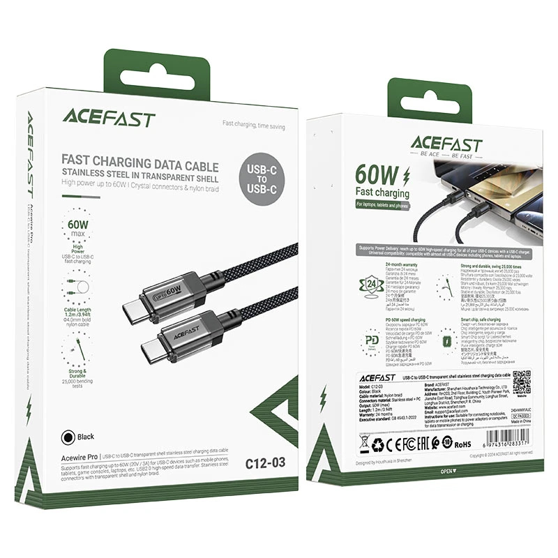 Acefast Кабел USB-C to USB-C Cable 60W Stainless steel in transparent shell 1.2m - C12-03 - Black, ACEFAST-C12-03-BK