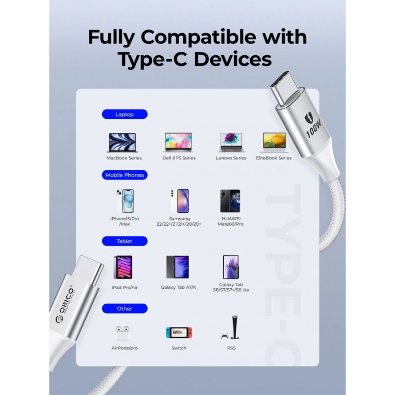 Orico кабел Cable USB C-to-C PD 100W Charging 1.0m White - CDX-100CC-WH, CDX-100CC-WH-BP