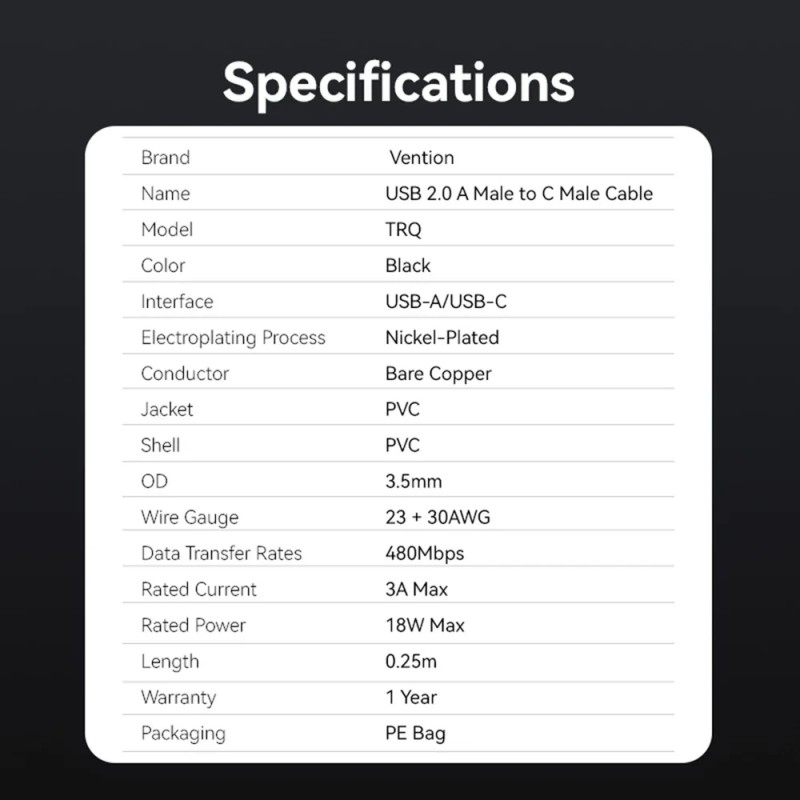Vention Кабел USB 2.0 AM / USB-C M 0.25m - TRQBAC