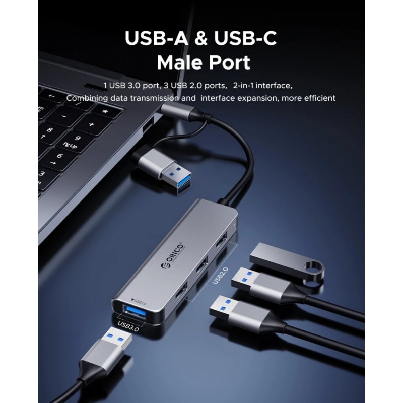 Orico хъб HUB USB-C/A 4 port - USB3.0 x 1, SD/TF x 2, USB2.0 x 2, USB-C x 2, Aluminium - YSA6-U3-GY, YSA6-U3-GY-BP