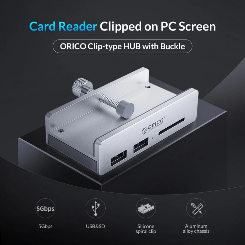 Orico хъб USB 3.0 HUB Clip Type 2 port, SD card reader - aux Micro-USB power input, Aluminum - MH2AC-U3-SV, MH2AC-U3-SV-BP