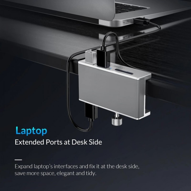 Orico хъб USB 3.0 HUB Clip Type 2 port, SD card reader - aux Micro-USB power input, Aluminum - MH2AC-U3-SV, MH2AC-U3-SV-BP