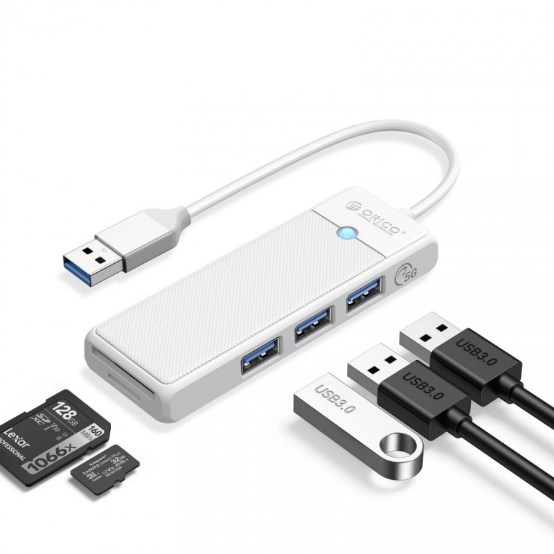 Orico хъб USB3.0 HUB White - 3 x USB3.0, SD, TF - PAPW3AT-U3-015-WH, PAPW3AT-U3-015-WH-EP