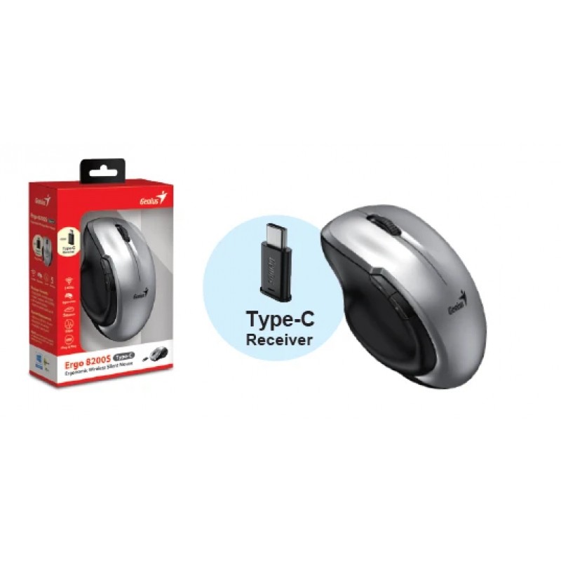 Genius безжина безшумна мишка Mouse Wireless Silent - Ergo 8200S Silver - Silent, 2.4GHz, USB-C receiver