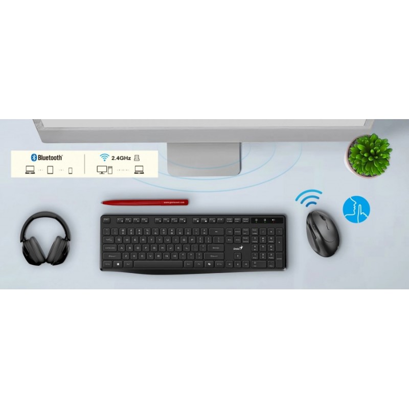 Genius вертикална безжична мишка Vertical Mouse wireless Ergo 8350S - Silent, AI, Bluetooth, 2.4G, Dark Grey