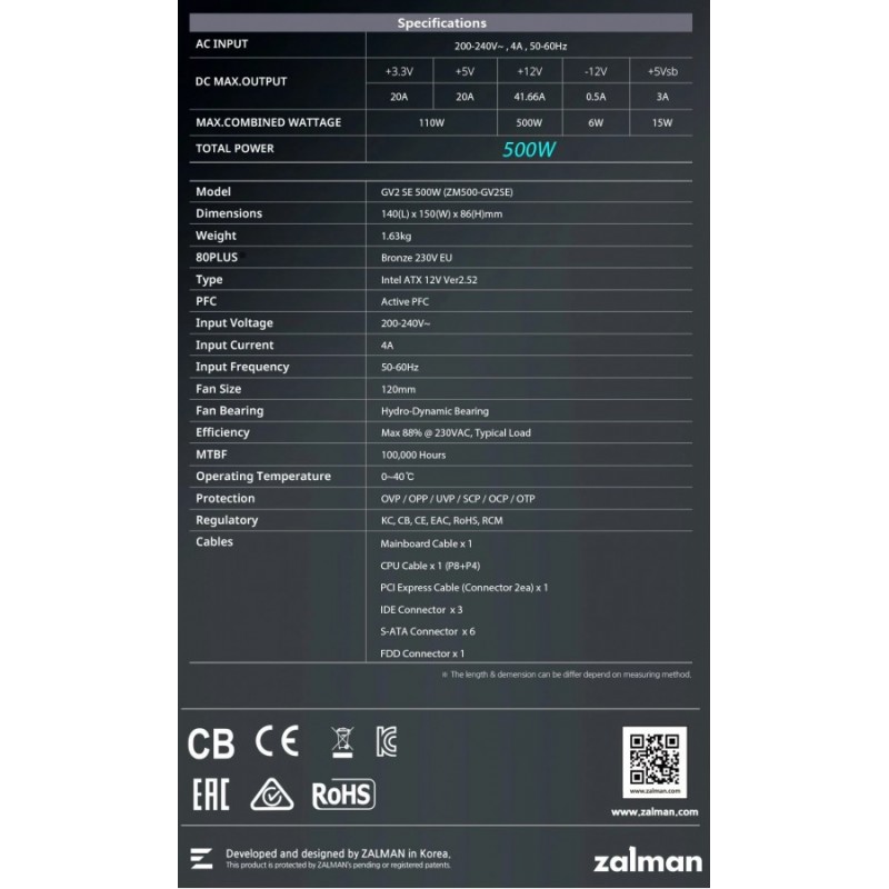 Zalman захранване PSU 500W Bronze - ZM500-GV2 SE, ZM500-GV2-SE