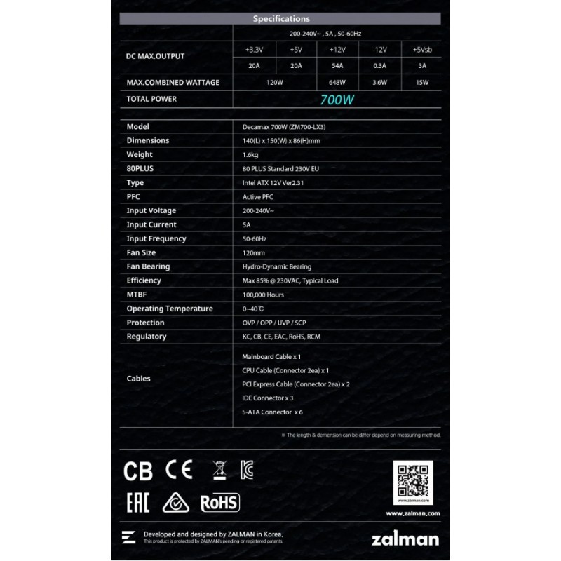 Zalman захранване PSU DecaMax 700W 80+ ZM700-LX3, ZM700-LX3