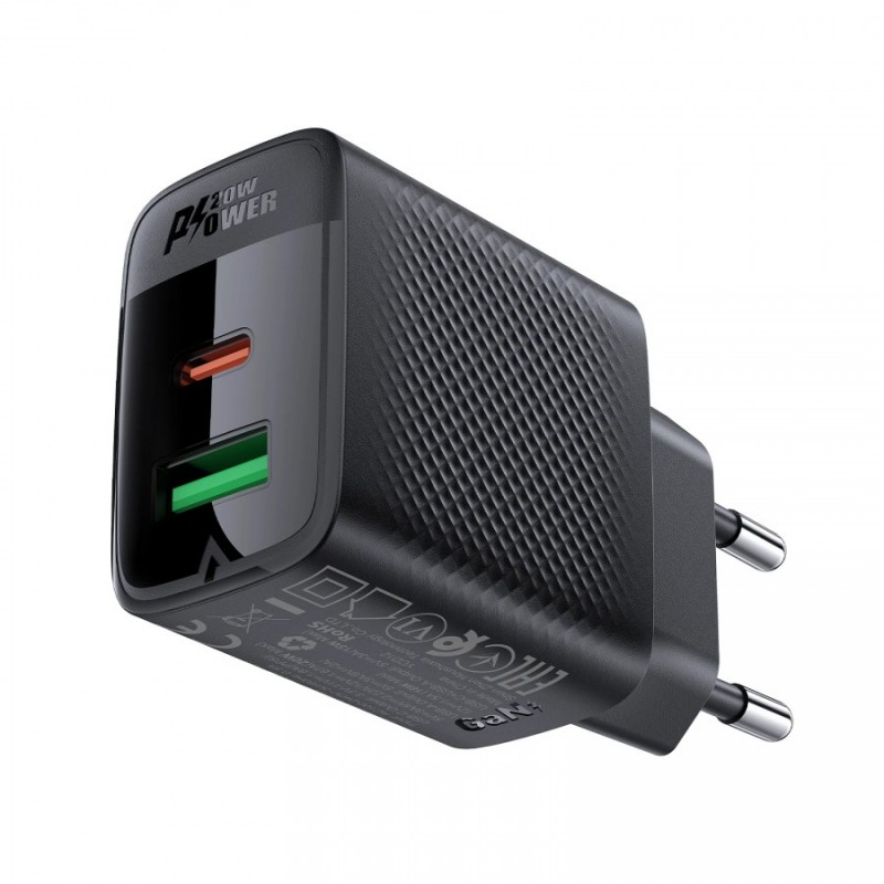 Acefast Универсално зарядно за стена Charger Wall GaN PD 20W - A78 - USB-C x 1, USB-A x 1, Black, ACEFAST-A78-BK