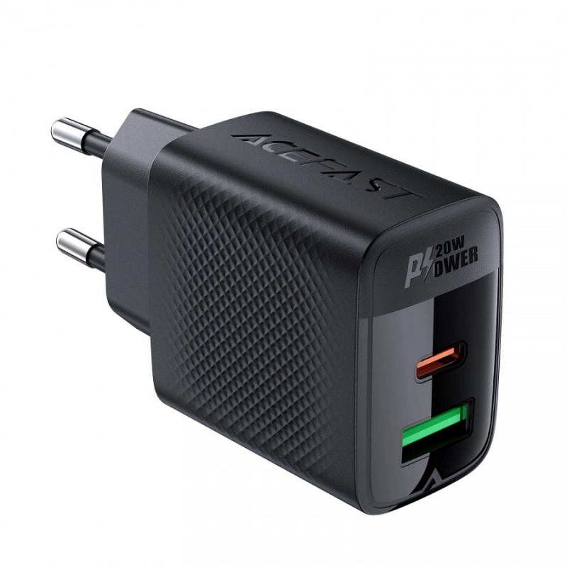 Acefast Универсално зарядно за стена Charger Wall GaN PD 20W - A78 - USB-C x 1, USB-A x 1, Black, ACEFAST-A78-BK