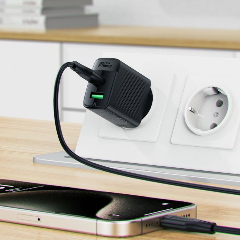Acefast Универсално зарядно за стена Charger Wall GaN PD 20W - A78 - USB-C x 1, USB-A x 1, Black, ACEFAST-A78-BK