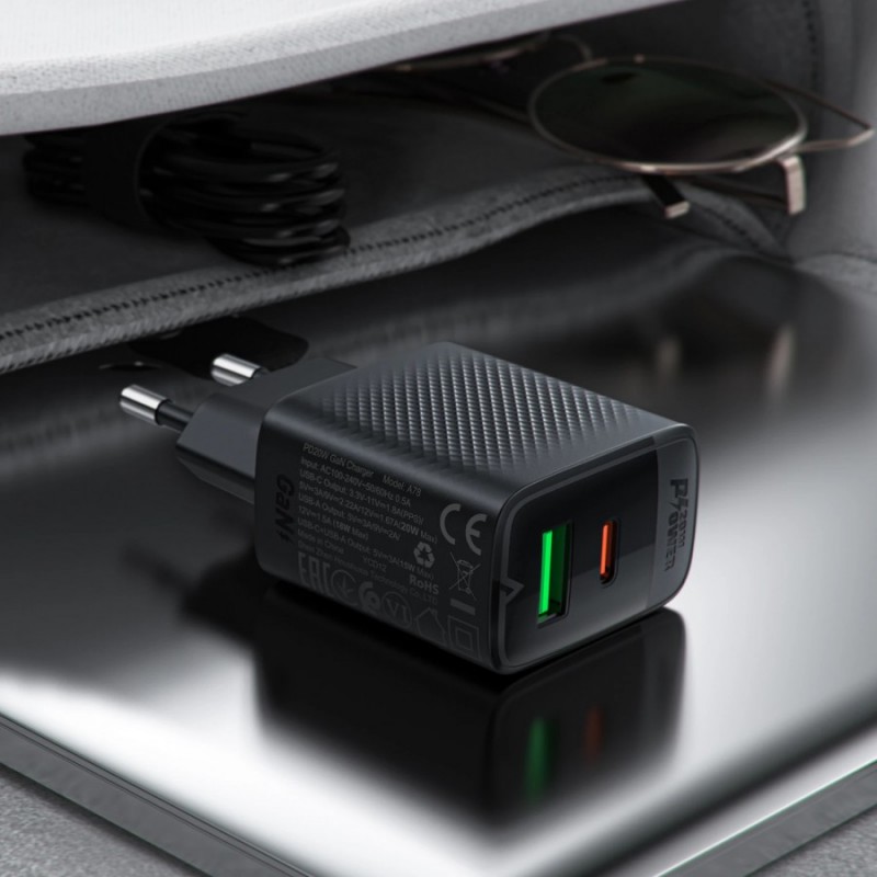 Acefast Универсално зарядно за стена Charger Wall GaN PD 20W - A78 - USB-C x 1, USB-A x 1, Black, ACEFAST-A78-BK