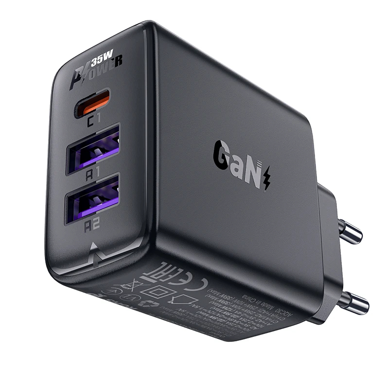 Acefast Универсално зарядно за стена Charger Wall GaN PD 35W - A57 - USB-C x 1, USB-A x 2, Black, ACEFAST-A57-BK