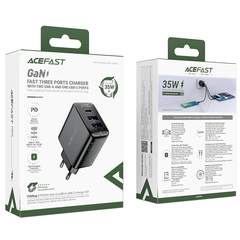 Acefast Универсално зарядно за стена Charger Wall GaN PD 35W - A57 - USB-C x 1, USB-A x 2, Black, ACEFAST-A57-BK