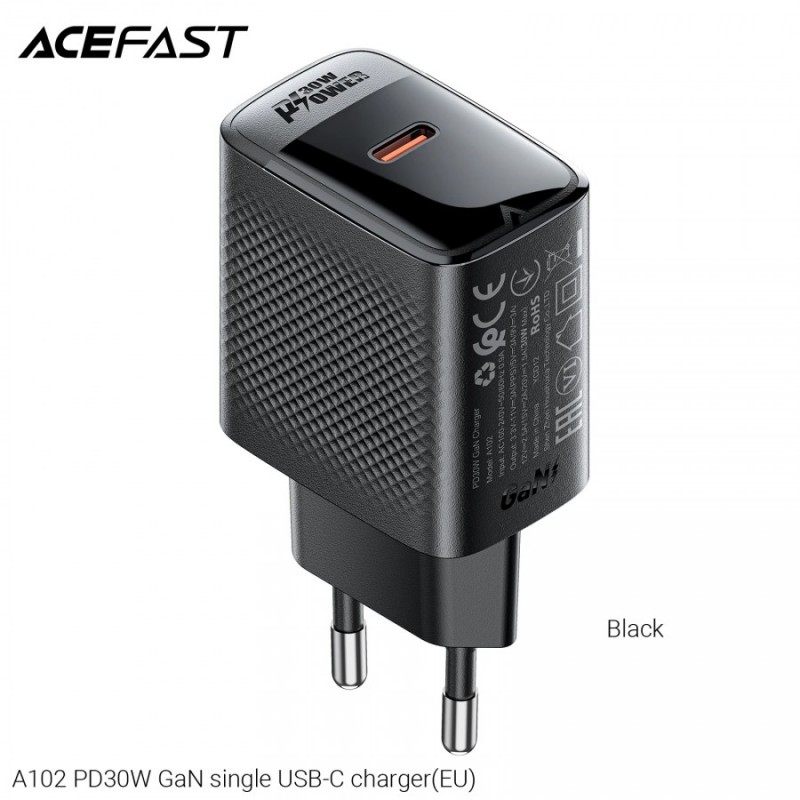 Acefast Универсално зарядно за стена Charger Wall GaN PD30W - A102 - USB-C x 1, Black, ACEFAST-A102-BK