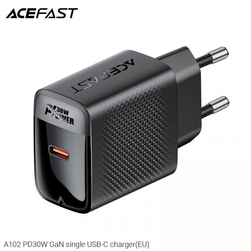 Acefast Универсално зарядно за стена Charger Wall GaN PD30W - A102 - USB-C x 1, Black, ACEFAST-A102-BK