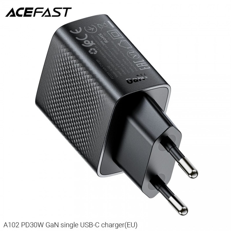 Acefast Универсално зарядно за стена Charger Wall GaN PD30W - A102 - USB-C x 1, Black, ACEFAST-A102-BK