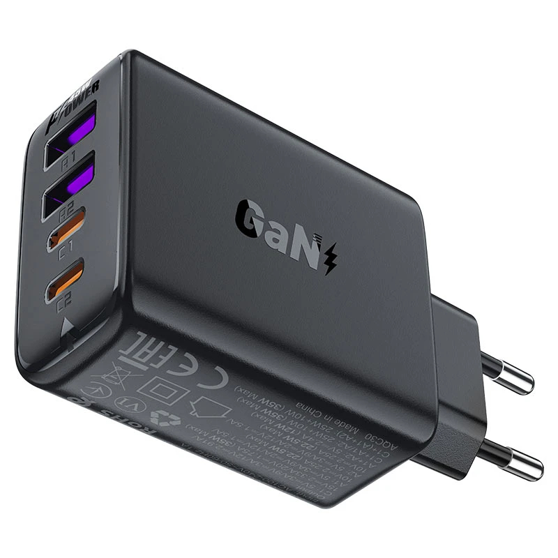 Acefast Универсално зарядно за стена Charger Wall GaN PD45W - A61 - USB-C x 2, USB-A x 2, Black, ACEFAST-A61-BK