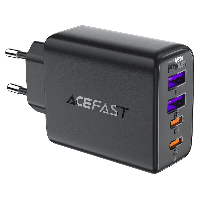 Acefast Универсално зарядно за стена Charger Wall GaN PD45W - A61 - USB-C x 2, USB-A x 2, Black, ACEFAST-A61-BK