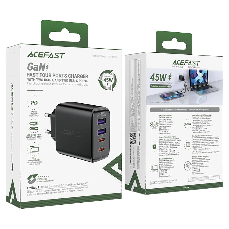 Acefast Универсално зарядно за стена Charger Wall GaN PD45W - A61 - USB-C x 2, USB-A x 2, Black, ACEFAST-A61-BK