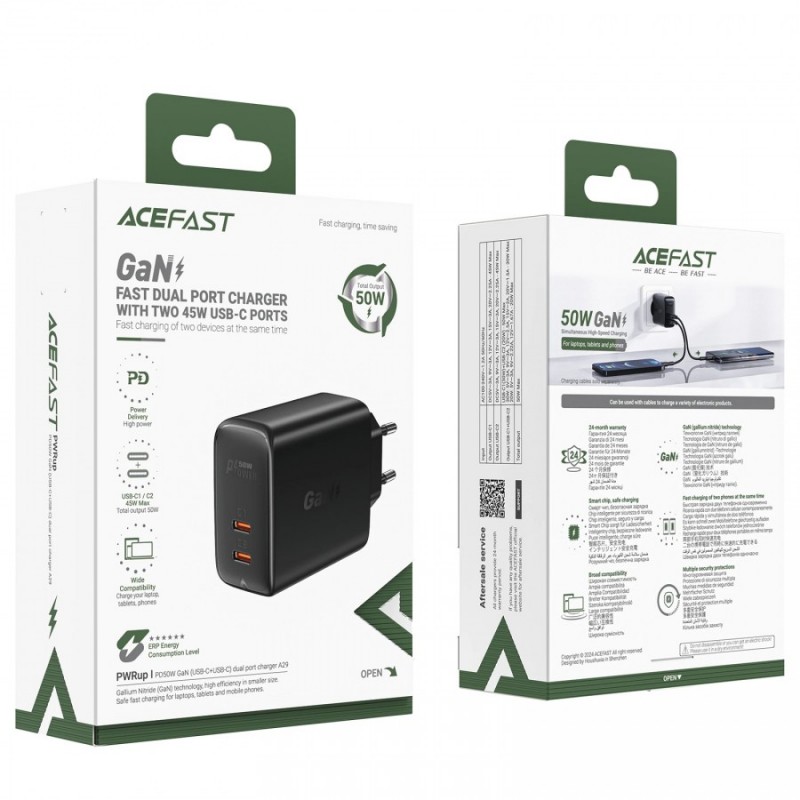 Acefast Универсално зарядно за стена Charger Wall GaN PD50W - A29 - USB-C x 2, Black, ACEFAST-A29-BK