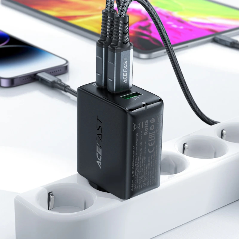 Acefast Универсално зарядно за стена Charger Wall GaN PD65W - A41 - USB-C x 2, USB-A x 1, Black, ACEFAST-A41-BK