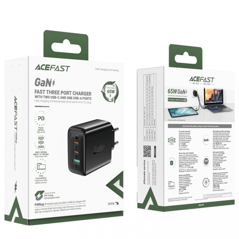 Acefast Универсално зарядно за стена Charger Wall GaN PD65W - A41 - USB-C x 2, USB-A x 1, Black, ACEFAST-A41-BK