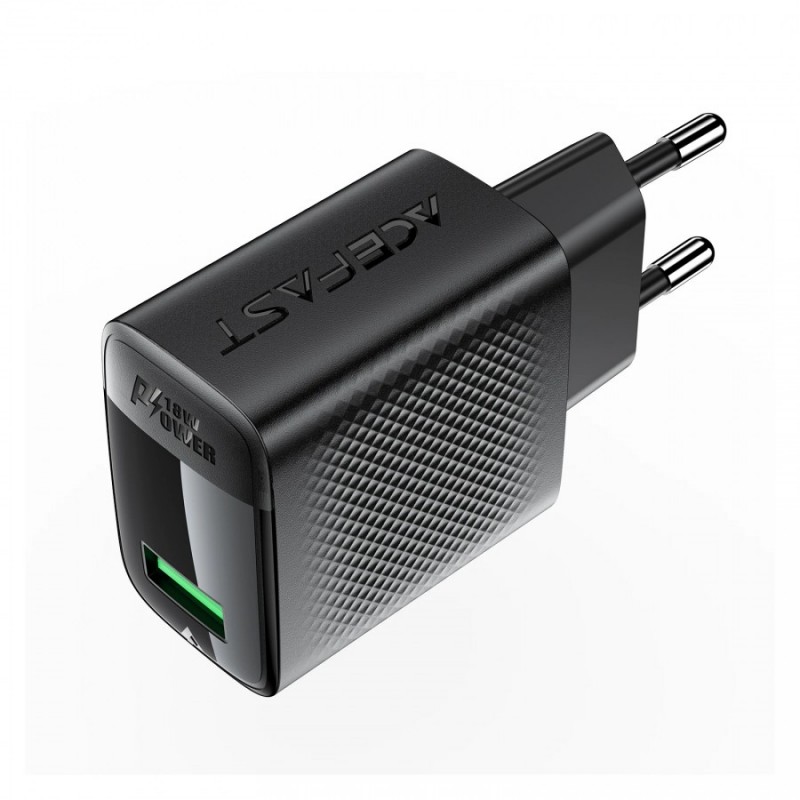 Acefast Универсално зарядно за стена Charger Wall GaN Quick Charge 18W - A90 - USB-A x 1, Black, ACEFAST-A90-BK