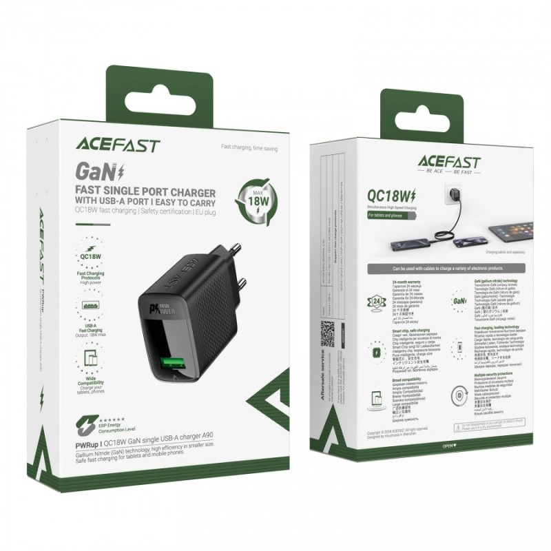 Acefast Универсално зарядно за стена Charger Wall GaN Quick Charge 18W - A90 - USB-A x 1, Black, ACEFAST-A90-BK