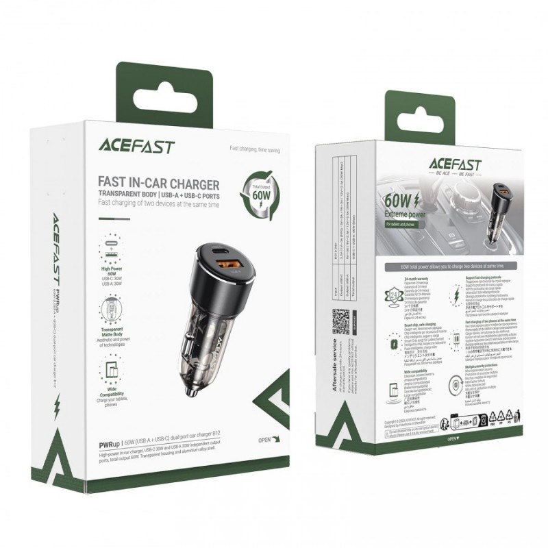 Acefast зарядно за кола Fast Charger Car PD3.0 60W - B12 - USB-C x 1, USB-A x 1, Black, ACEFAST-B12-BK