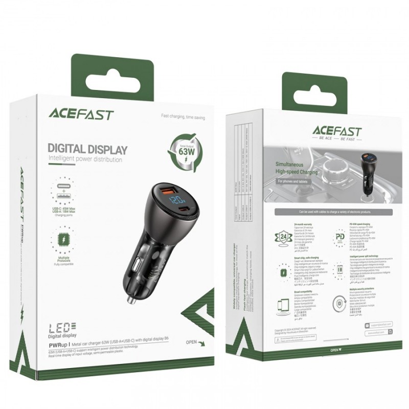 Acefast зарядно за кола Fast Charger Car PD3.0 63W - B6 - USB-A x 1, USB-C x 1, Black, ACEFAST-B6-BK