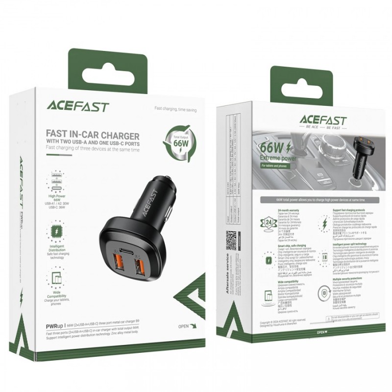 Acefast зарядно за кола Fast Charger Car PD3.0 66W - B2 - USB-C x 1, USB-A x 2, Black, ACEFAST-B2-BK
