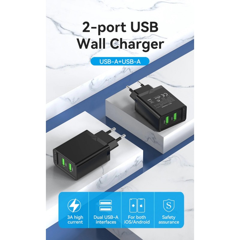 Vention бързо зарядно Fast Charger 2 x QC3.0 18W Black - FBAB0, FBAB0-EU