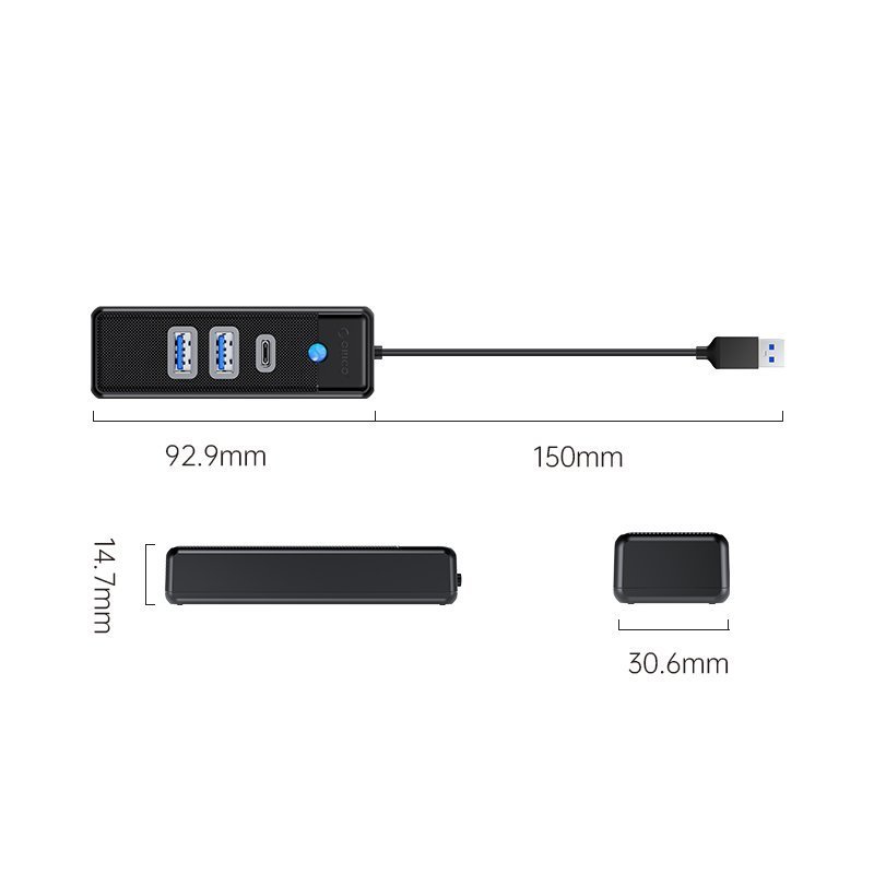 Orico хъб HUB USB3.0 3 port - 2 x USB3.0, 1 x Type C, Black - PWC2U-U3-015-BK, PWC2U-U3-015-BK-EP
