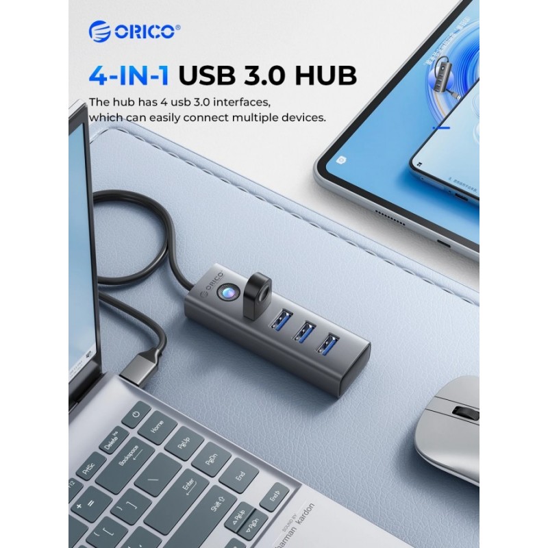 Orico хъб HUB USB3.0 4 port, Aluminium, Grey - PDD4U-U3-015-GY, PDD4U-U3-015-GY-EP