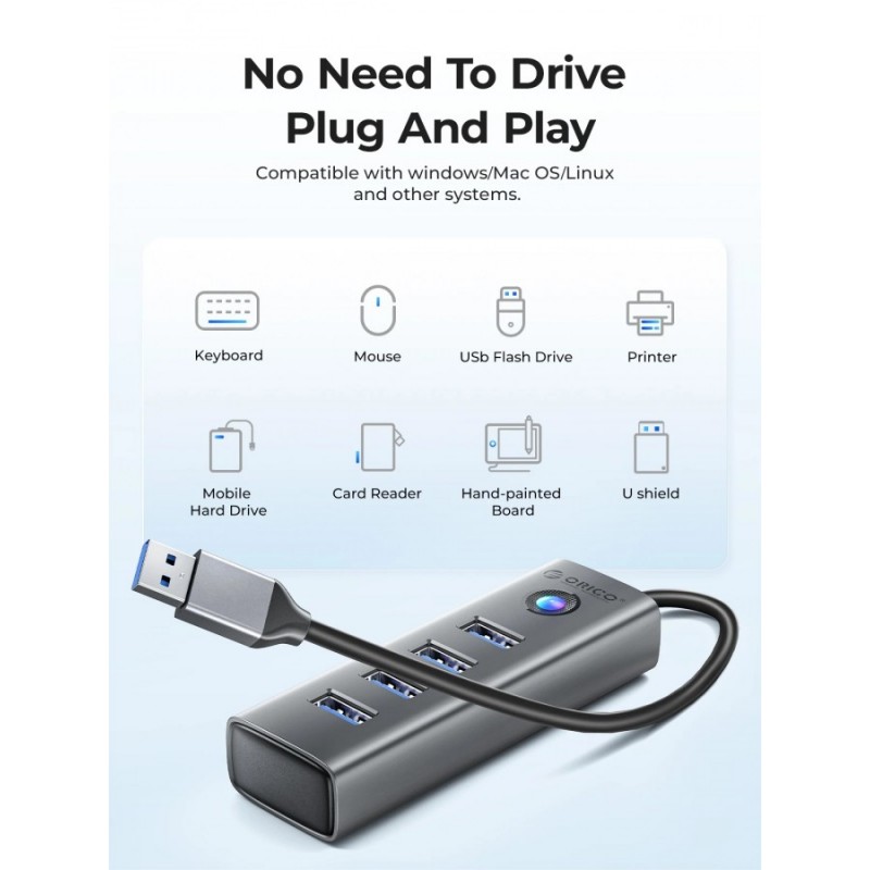 Orico хъб HUB USB3.0 4 port, Aluminium, Grey - PDD4U-U3-015-GY, PDD4U-U3-015-GY-EP
