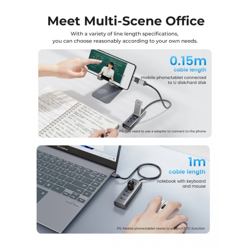 Orico хъб HUB USB3.0 4 port, Aluminium, Grey - PDD4U-U3-015-GY, PDD4U-U3-015-GY-EP