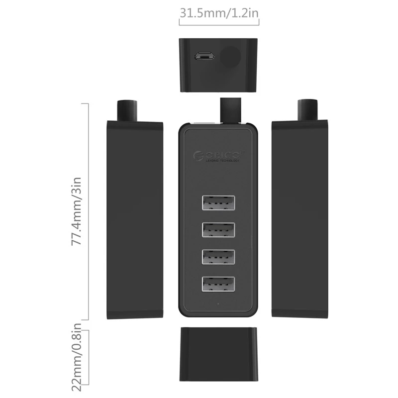 Orico хъб USB2.0 HUB 4 port - USB/Micro USB input, Black - W5P-U2-030-BK-EP, W5P-U2-030-BK-EP-HW