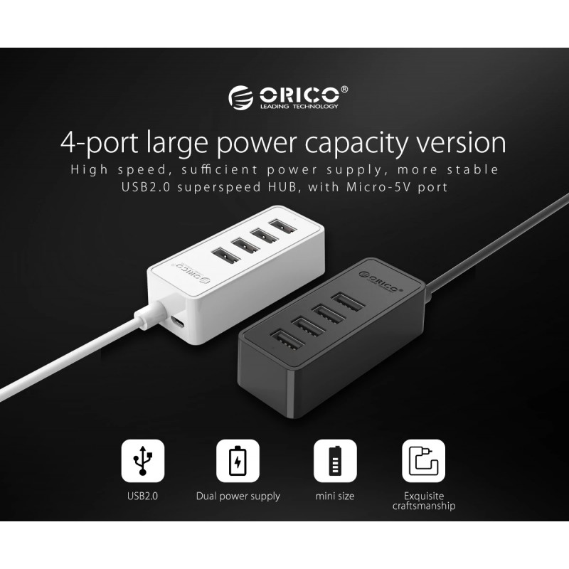 Orico хъб USB2.0 HUB 4 port - USB/Micro USB input, Black - W5P-U2-100-BK-EP, W5P-U2-100-BK-EP-HW