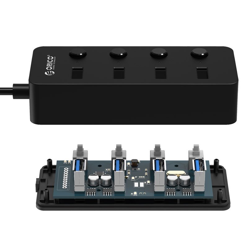 Orico хъб USB3.0 HUB 4 port black, 4 On/Off buttons - EAN:695430114981, W9PH4-U3-BK