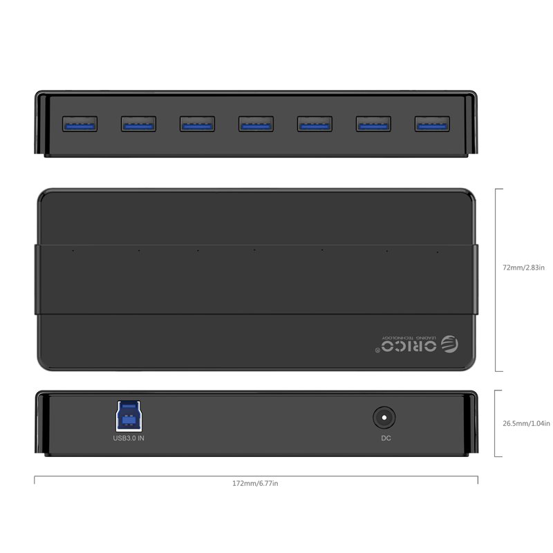 Orico хъб USB3.0 HUB 7 port with Premium Power Adapter, Black - H7928-U3-V1-BK, H7928-U3-V1-BK