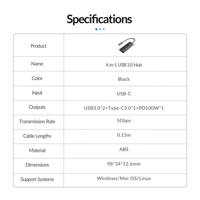 Orico хъб USB3.1 HUB Type-C - 2 x USB3.0, 2 x USB-C - PAPW2AC-C3-05-BK-EP