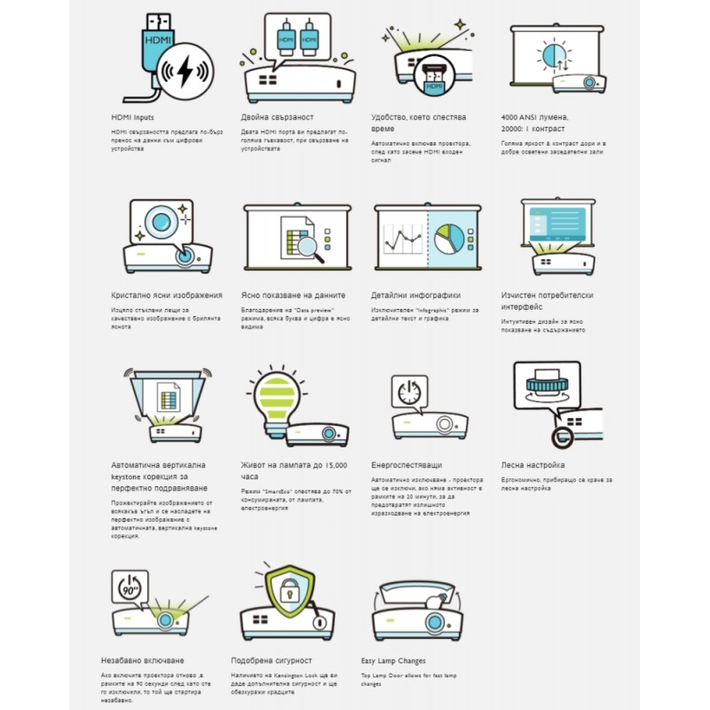 BenQ MW536, DLP, WXGA (1280x800), 20 000:1, 4000 ANSI Lumens, Zoom 1.2x, Glass Lenses, Auto Vertical Keystone, Infographic Mode, Speaker