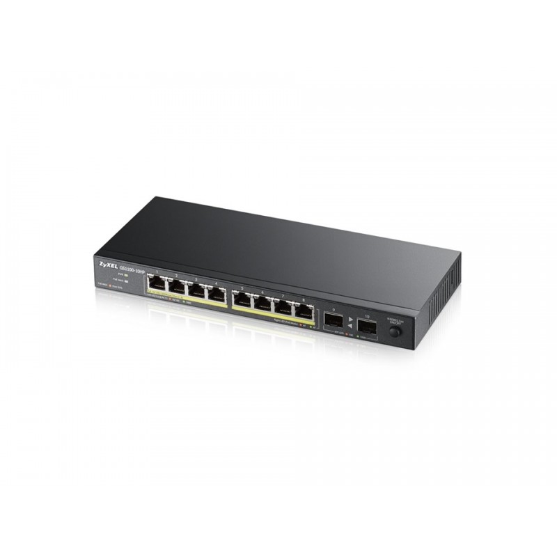 ZyXEL GS1100-10HP, 10-port Desktop Gigabit Ethernet switch: 8x Gigabit metal + 2x SFP, 802.3az (Green), PoE 802.3at (High Power, 30W) -