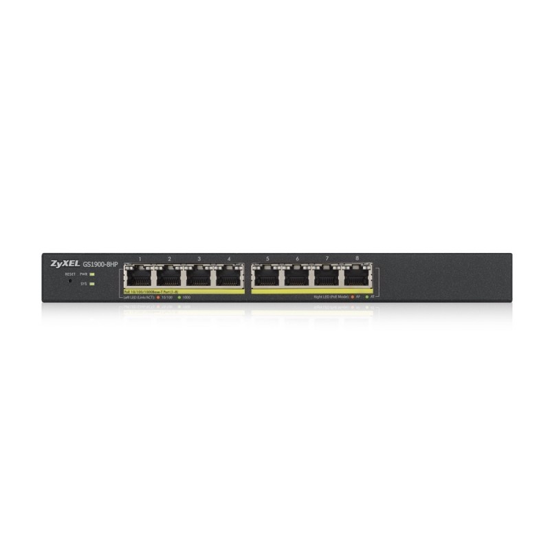 ZyXEL GS1900-8HP, 8-port GbE L2 PoE Smart Switch, 802.3at, desktop, fanless, 70 Watt, GS1900-8HP-EU0103F