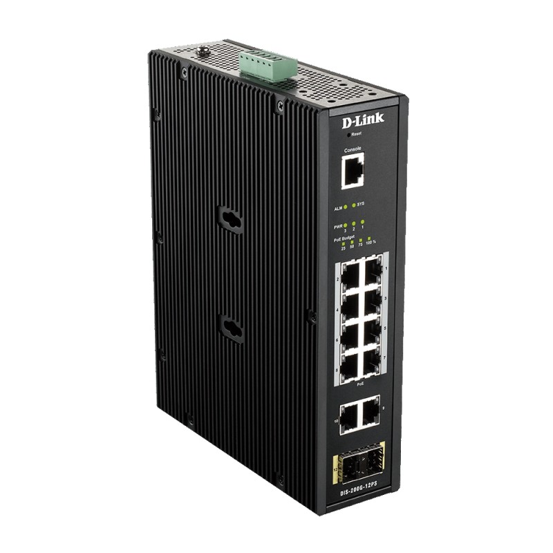 D-Link 12 Port L2 Industrial Smart Managed Switch with 10 x 1GBaseT(X) ports (8 PoE 240W) & 2 x SFP ports, DIS-200G-12PS